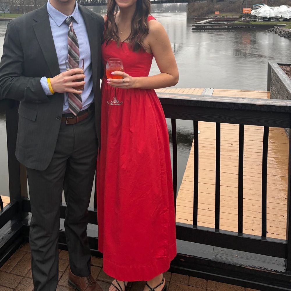 opt red square neck maxi dress with pockets